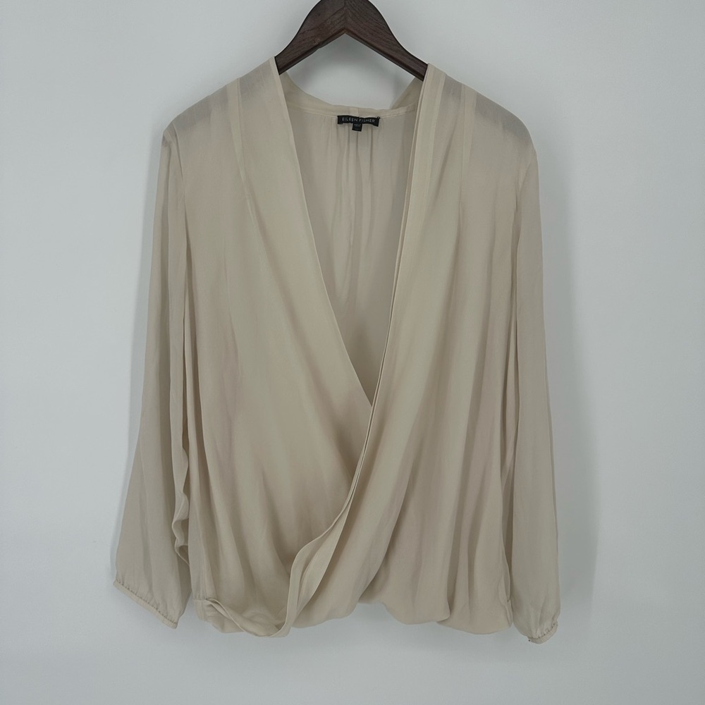 Eileen Fisher Georgette Crepe Silk Crossover Blouse Top Sheer Cream XL Classic